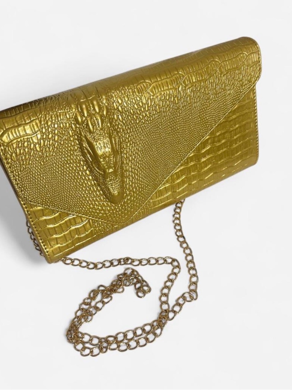 Metallic Gold Croc-Embossed Envelope Clutch with Chain